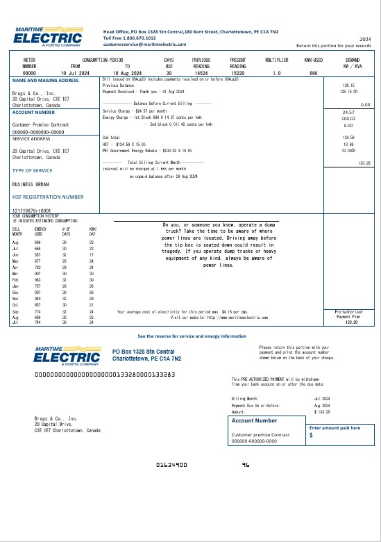 Canada Maritime Electric business utility bill template in Word and pdf format